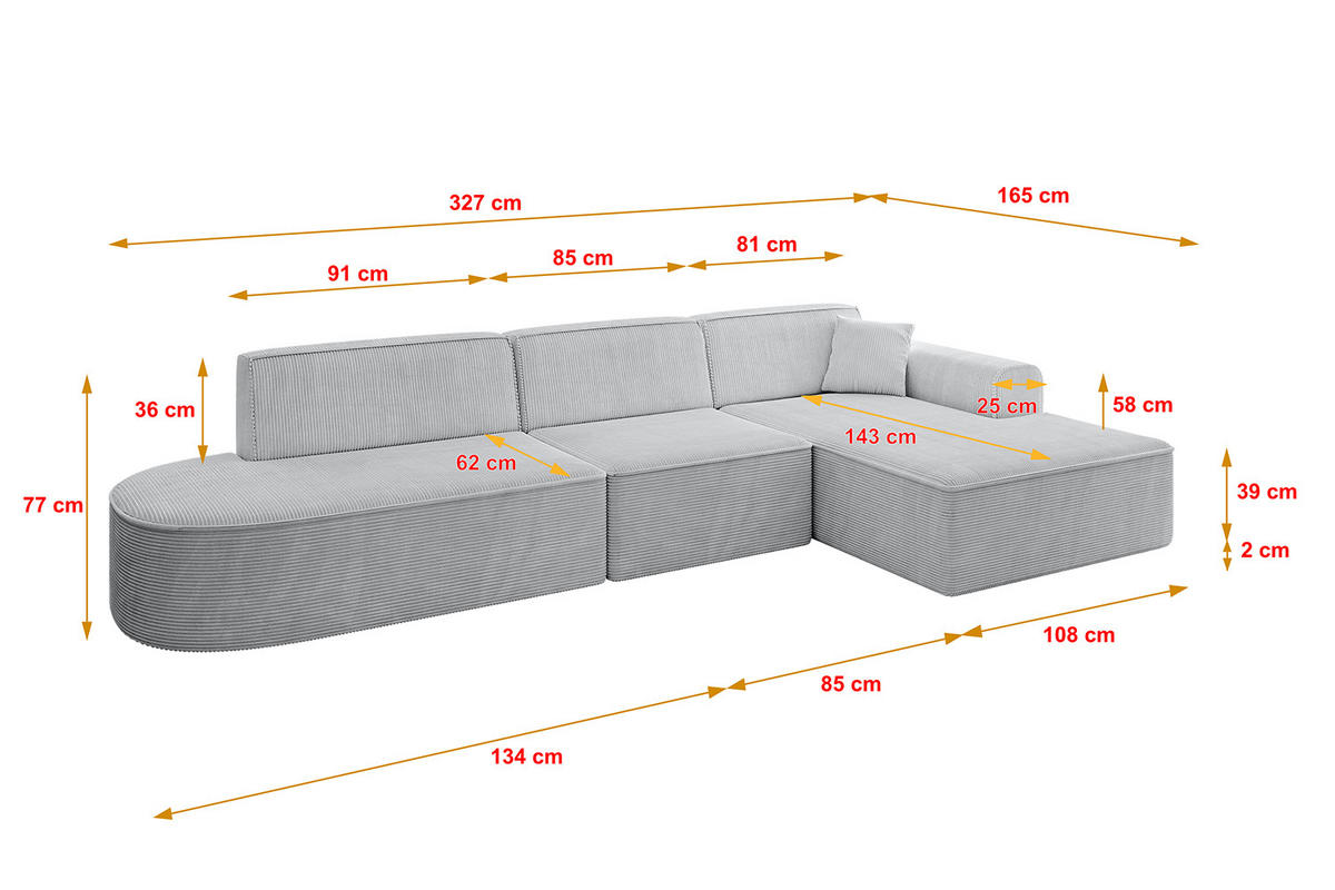 ECKSOFA Ottomane Rechts IREA-L2-v3 - 327x165x77 cm Grau - Grau, Holzwerkstoff/Textil (327/165cm) - ALTDECOR