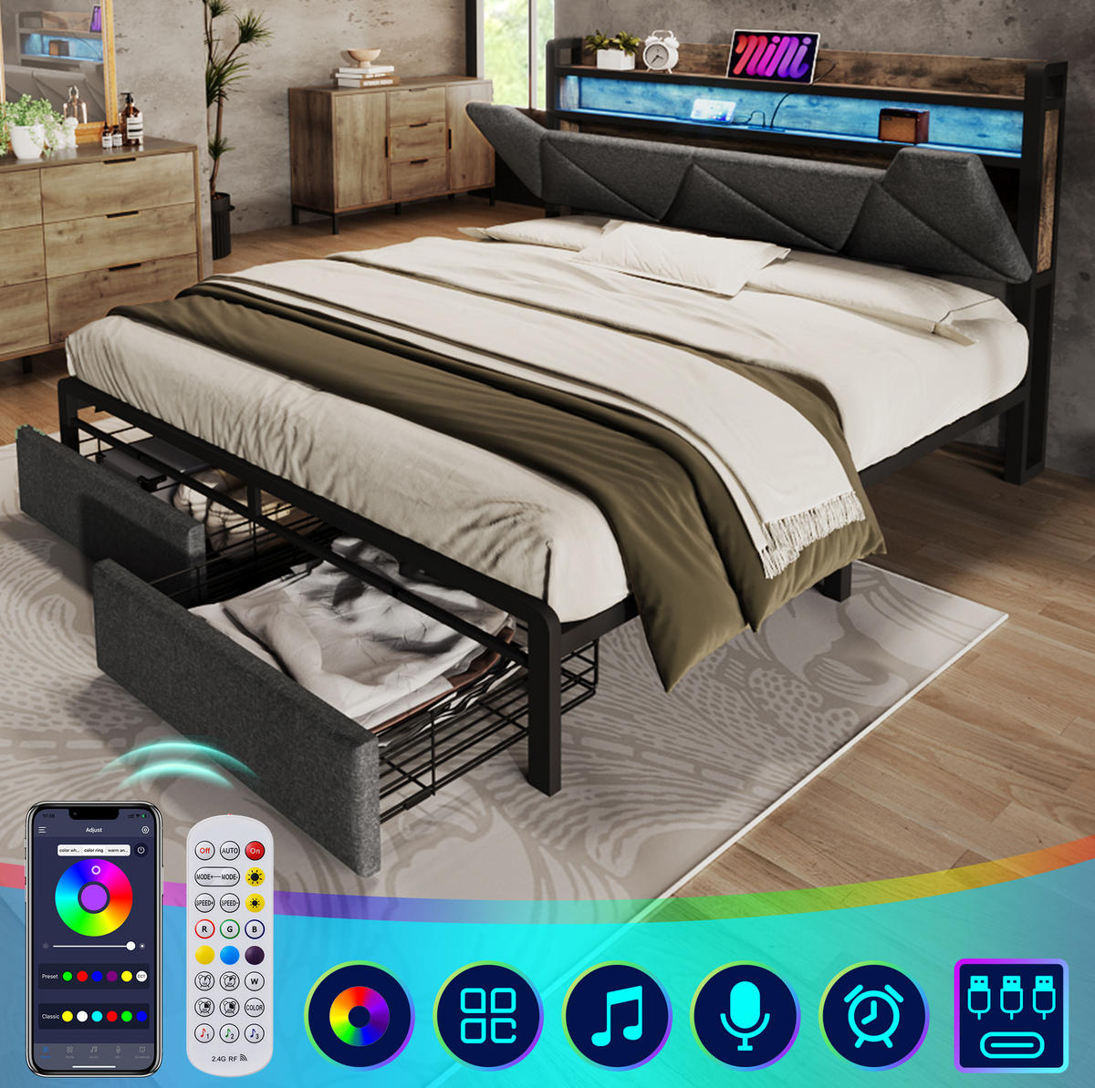 POLSTERBETT 160/200 cm mit LED-Beleuchtung, USB- und Typ-C-Anschluss, Matratze und Stauraum-Kopfteil und 2 Schubladen, Grau - Grau, Textil (160/200cm) - Redom