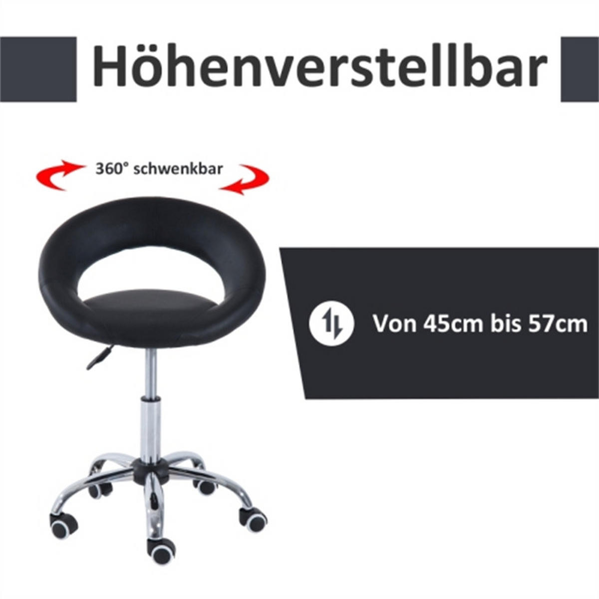 DREHSTUHL Ergonomisch Schwarz, Metall & Kunstleder, höhenverstellbar, drehbar & rollbar, 50 x 54 x 78 cm - Schwarz, Metall (54/78/50cm) - Albatros