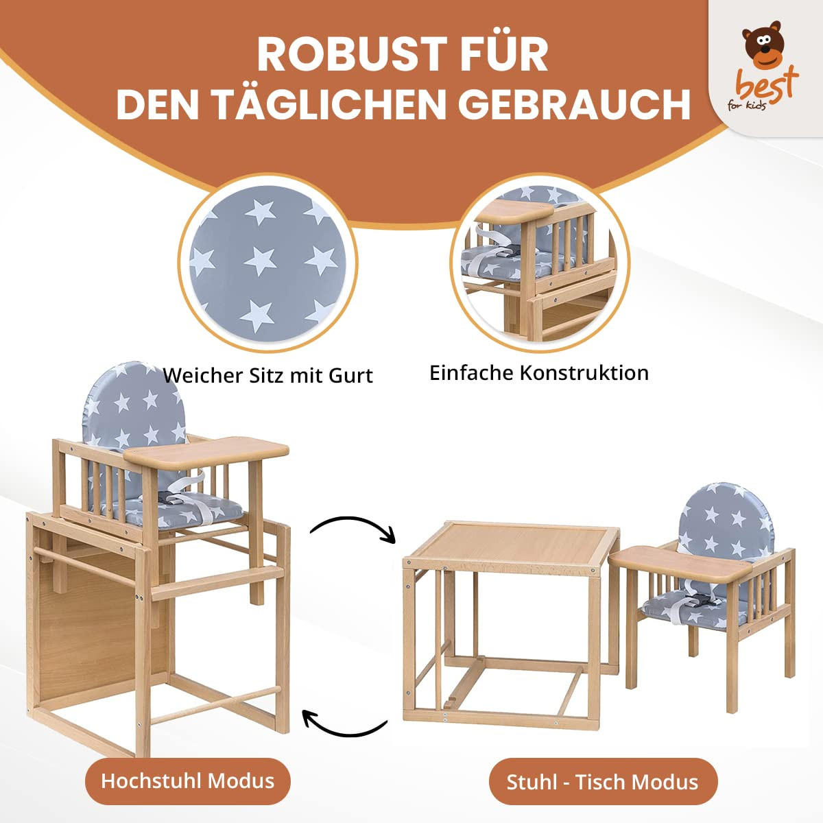 KOMBIHOCHSTUHL Victoria Bärchen | Umbaubarer Kinderstuhl Mit Tisch | Holzhochstuhl Mit Bärchen Design | Ideal Als Esstischstuhl | Schnell Montierbar - Grau, Textil (79/48/46cm) - Best for Kids