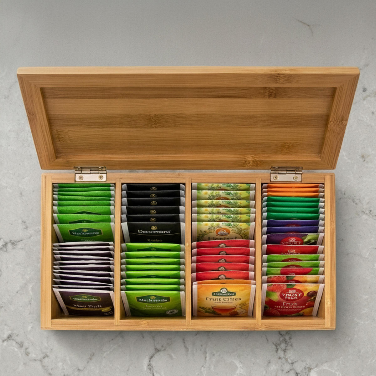 TEEBOX Natur Bambus lackiert 4 Fächer 27,5x15,5x9 cm - Hellbraun, Holz (16/9/28.5cm) - Relaxdays