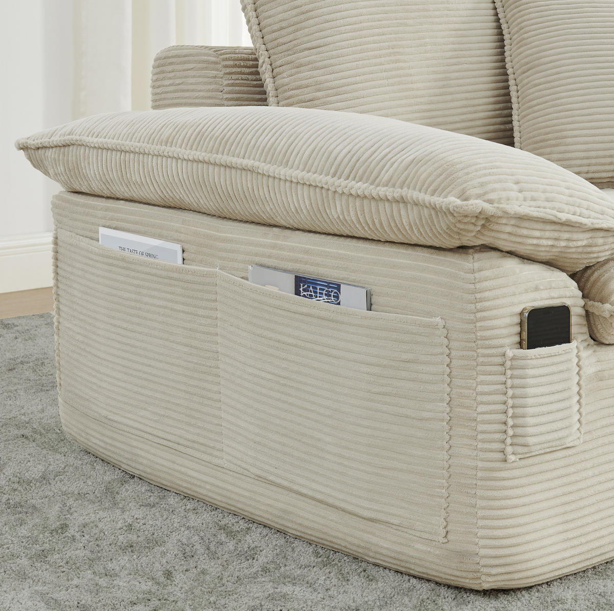 SESSEL aus Stoff Beige ohne Montage mit Fußstütze, Seitentaschen und modularer Kombination - Beige, Textil (156/65/125cm) - Modfu