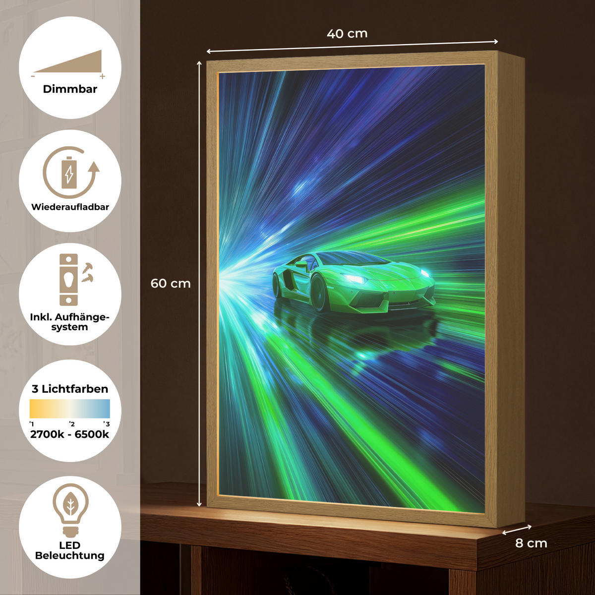 DOBÍJECÍ NOČNÍ LAMPIČKA Rychlost - Lehké - Sportovní vůz - Zelená 40x60 cm - zelená barva, kompozitní dřevo (8/40/60cm) - OnlyWow