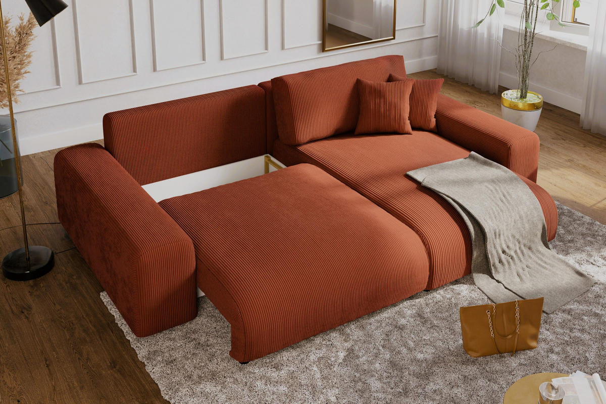 ECKSOFA mit Schlaffunktion, Bettkasten, Wellenunterfederung, seitenverkehrt montierbar B255/T165/H84 cm, Liegefl. 148x196 cm, Cord Terracotta / 21004 - Terracotta/Schwarz, Kunststoff/Textil (255/165cm) - luma-home