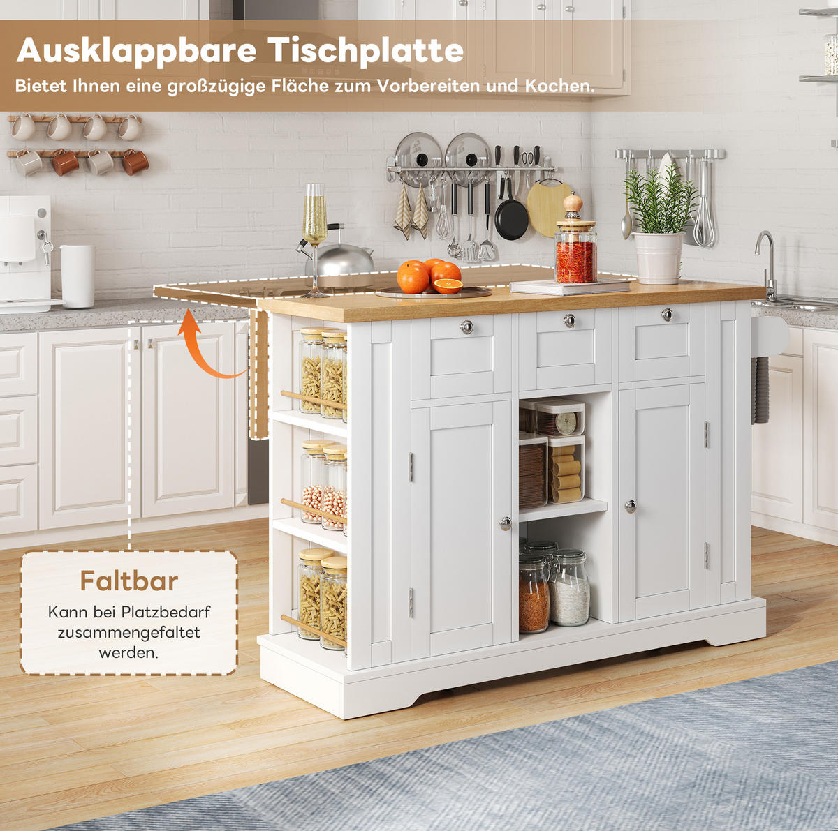 KÜCHENINSEL 132x70x87cm Weiß Spanplatte mit Steckdose,Ausziehplatte & Rollen - Weiß, Holzwerkstoff (132/87/70cm) - Modfu