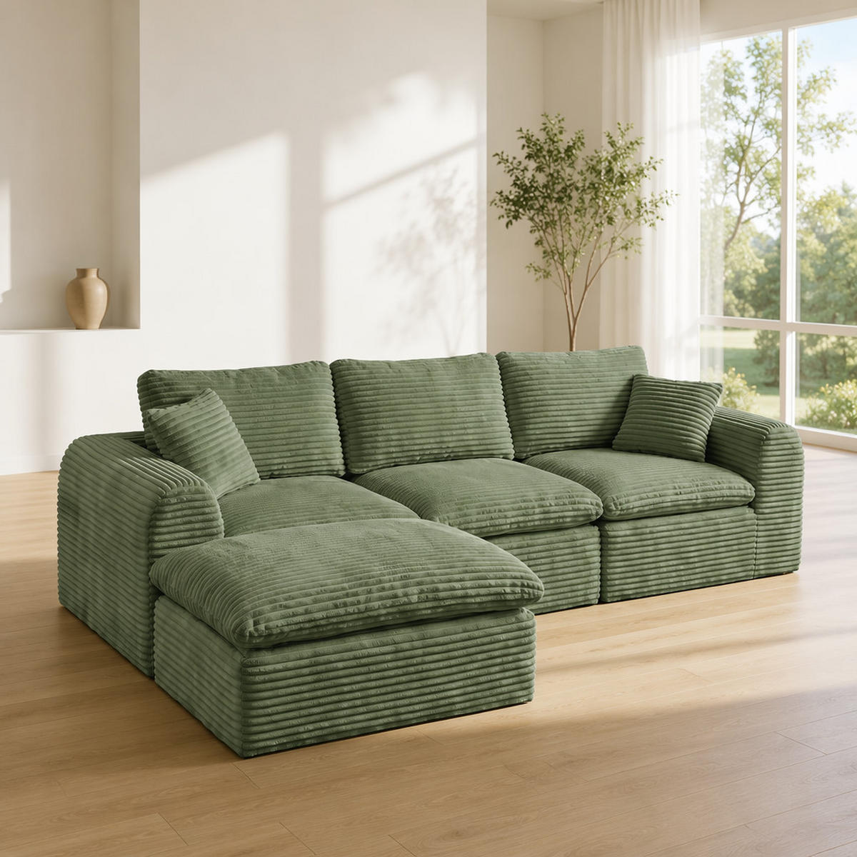 ECKSOFA 280/180/65 cm Grün Cord mit 1 Fußhocker - Grün, Textil (180/280cm) - Oxeza