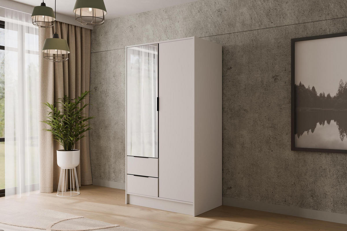 KLEIDERSCHRANK mit Spiegel und Flügeltüren KOLIN 100x200cm Weiß/Weiß - Weiß, Holzwerkstoff (102/200/51cm) - ALTDECOR