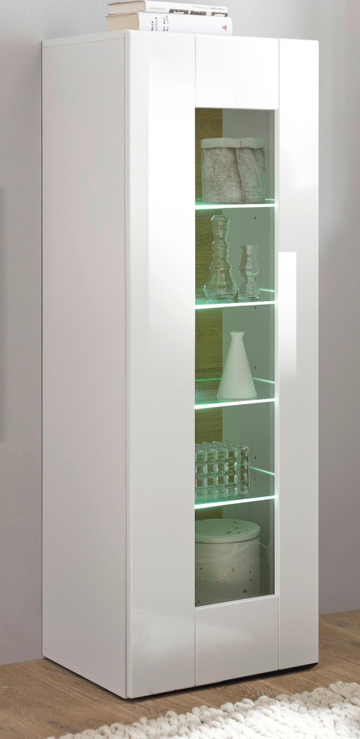 VITRINE weiß Hochglanz, Grandson Eiche, Vitrinenschrank hängend, stehend 45 x 131 cm - Weiß Hochglanz/Eichefarben, Holzwerkstoff (45/131/38cm) - Furn.Design