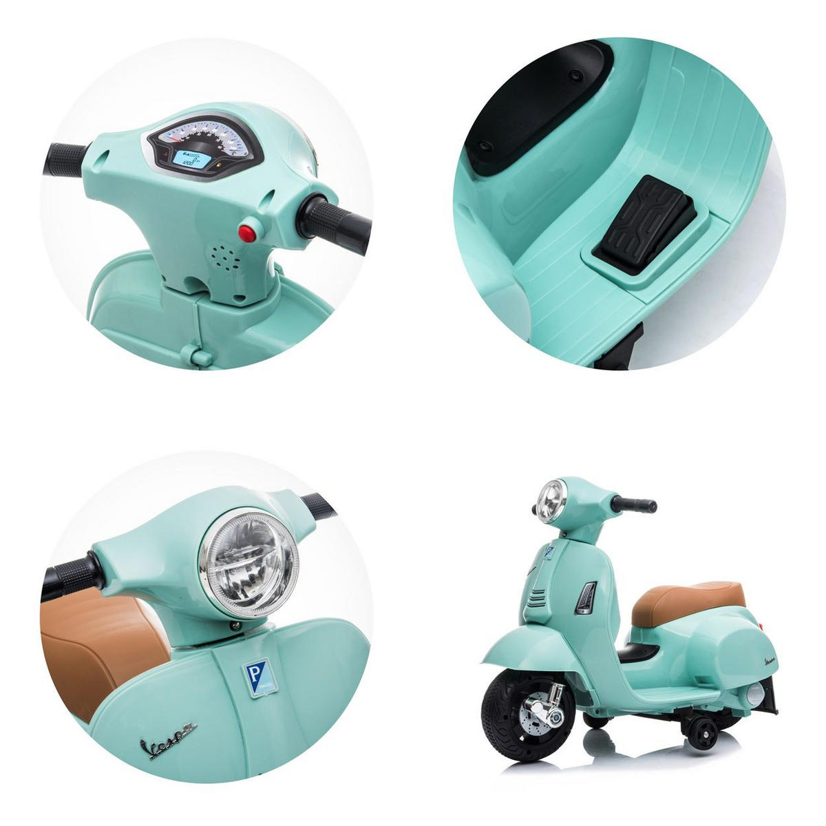 KINDER ELEKTROMOTORRAD Mini Vespa türkis Elektrofahrzeug, Stützräder, 30 W, 2,5 km/h - Türkis, Kunststoff (66.5/38/52cm) - Chipolino