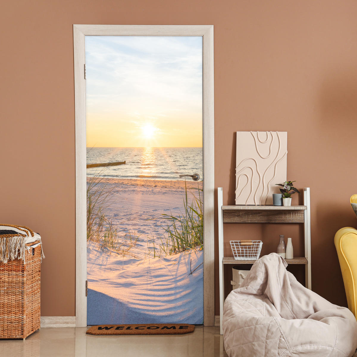 FOTOTAPETE Tür - Strand - Sonne - Düne - Gras - Sand - Horizont 75x205 cm - Dunkelgelb, Kunststoff (75/0.1cm) - MuchoWow
