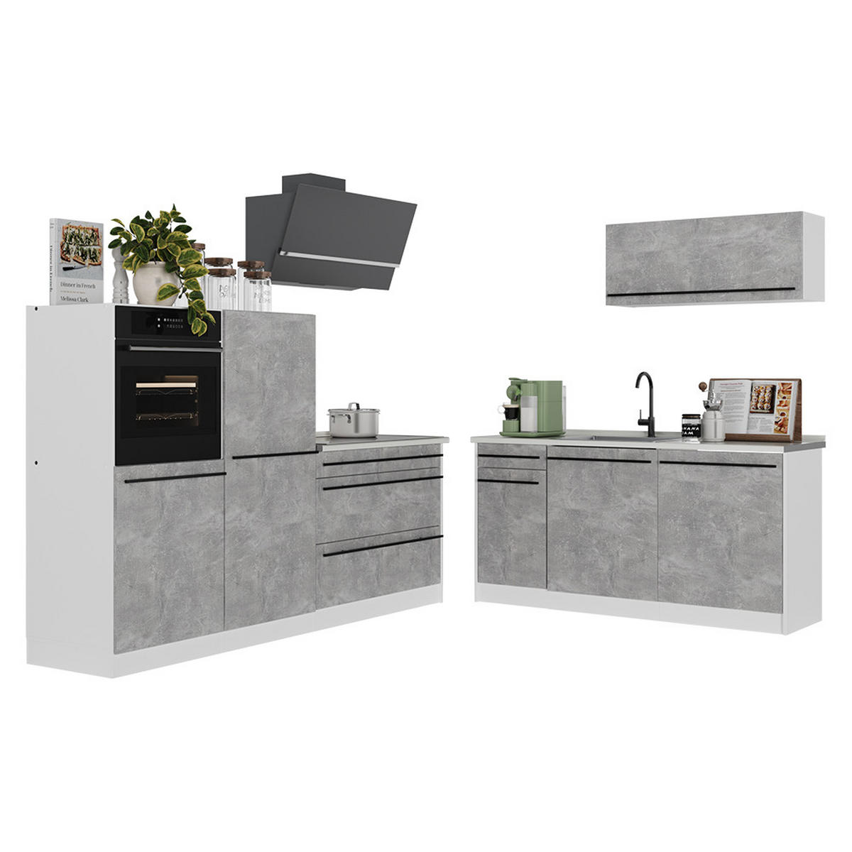 KUCHYŇSKÝ KOUT R-Line, Beton/Bílá, 220 cm pracovná doska Dub Goldkraft - šedá/bílá, kompozitní dřevo (220/143/60cm) - Vicco