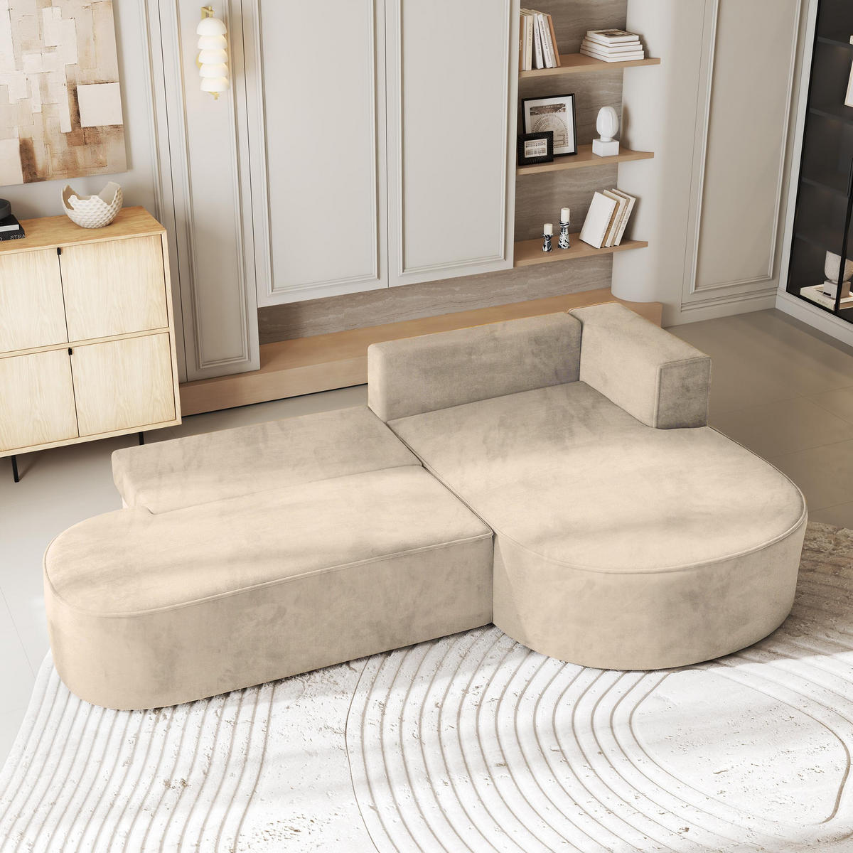ECKSOFA CORTIO M R-S Creme Velours-Stoff mit Schlaffunktion - Creme, Holz (265/174cm) - MASSENO