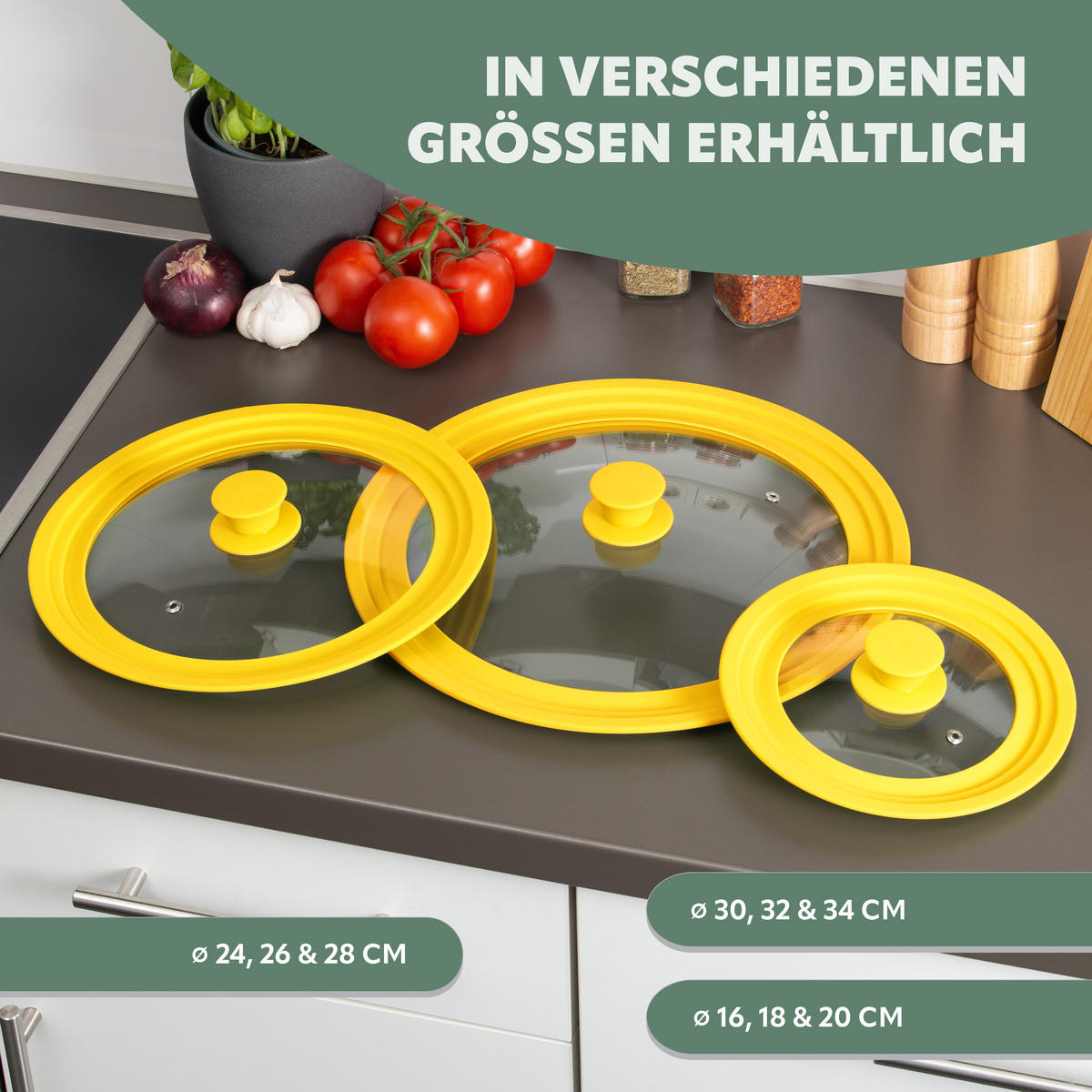 UNIVERSAL-GLASDECKEL, 24/26/28 cm,tel, gelb - Gelb, Glas (28/28/5.5cm) - bremermann