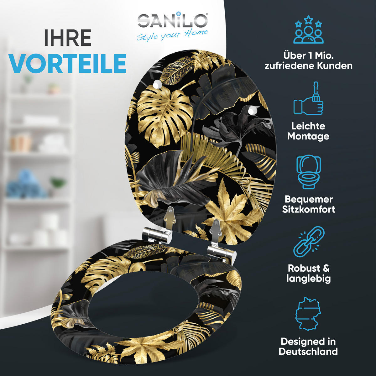 WC-SITZ Absenkautomatik Golden Leaves - Goldfarben, Holzwerkstoff (38/6/47cm) - Sanilo