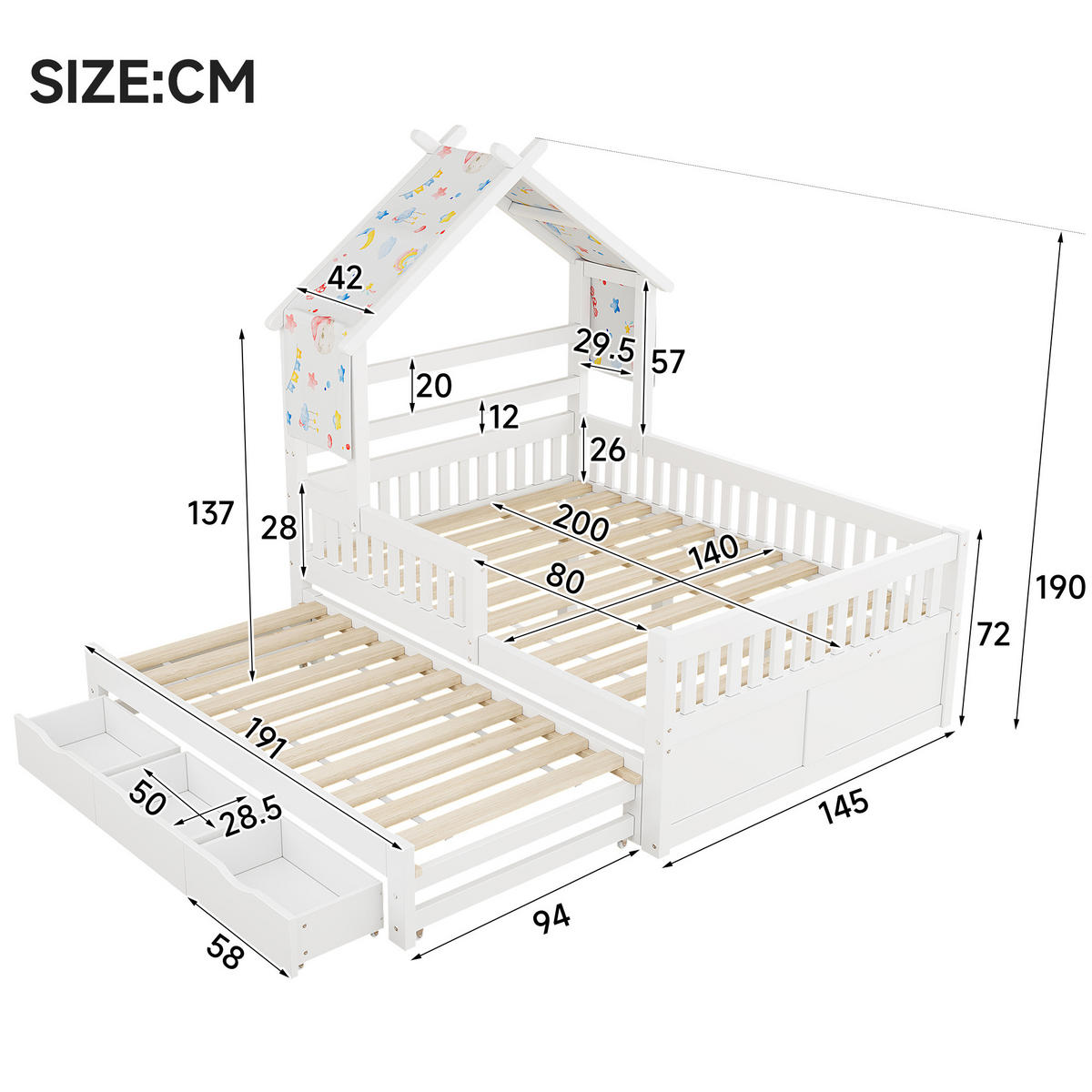 HAUSBETT 140/200 cm DE-03356, mit Ausziehbett, 3 Schubladen und Sicherheitsgittern, in Weiß - Weiß, Holz/Holzwerkstoff (140/200cm) - ComfortXL