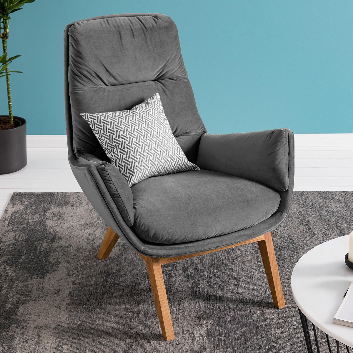 SESSEL mit Holzfüßen - Eichefarben/Grau, Eichenholz/Textil (83/95/97cm) - home24