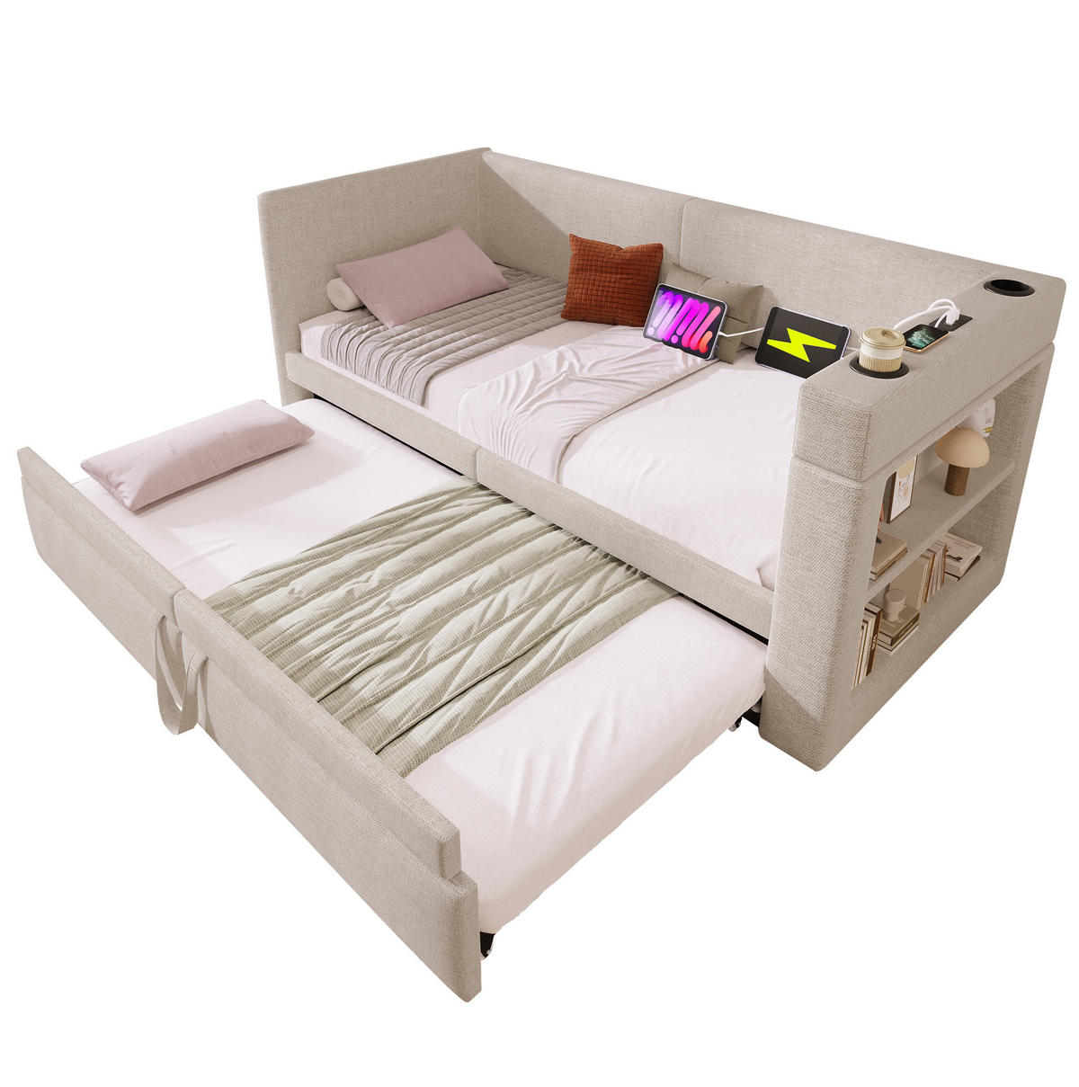 POLSTERBETT 90/200 cm mit Ausziehbett, USB-C und Getränkehaltern, Beige - Beige, Textil (90/200cm) - BEAOK