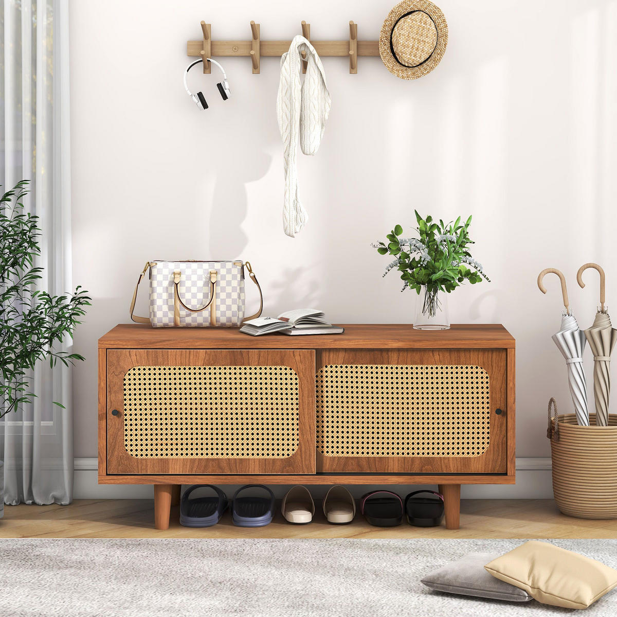 SCHUHSCHRANK aus Spanplatte 104x40x48cm in Walnuss mit Rattan-Türen - Walnussfarben, Holzwerkstoff (104/48/40cm) - Modfu