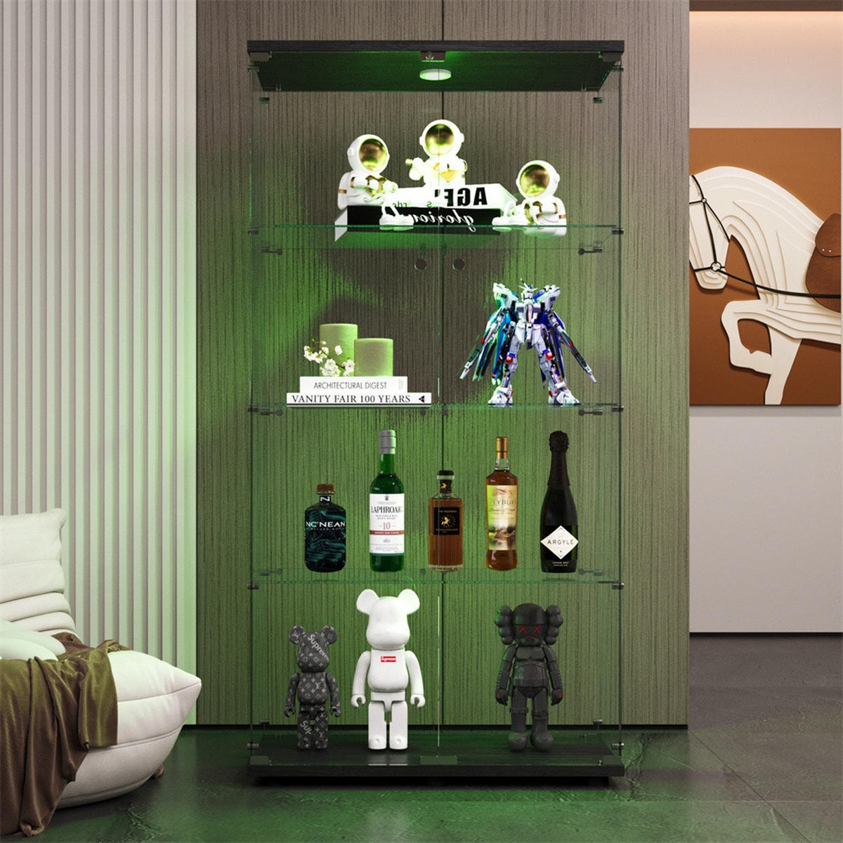 VITRINE mit LED Beleuchtung- Glaskvitrine mit 4 Ebenen und 2 Türen - für Wohnzimmer und Büro - Schwarz - Schwarz, Glas (80.49/163.9/36.49cm) - DELFA