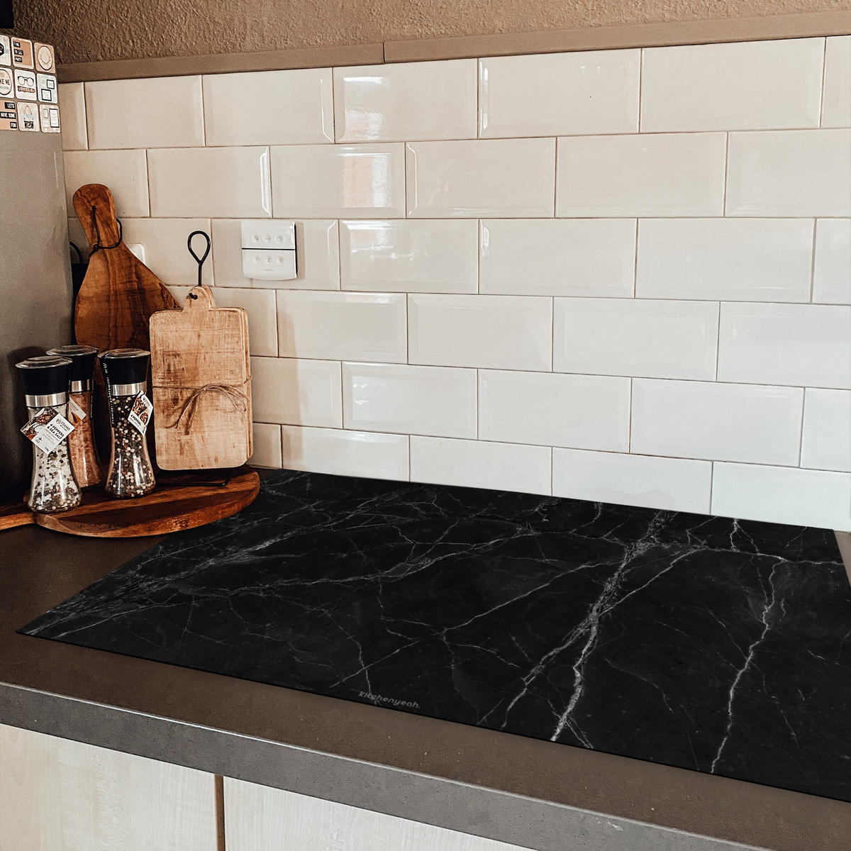 HERDABDECKPLATTE Schwarz - Marmor 85x52 cm - Schwarz, Kunststoff (85/0.2/52cm) - MuchoWow