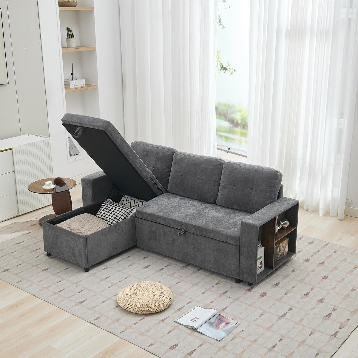 ECKSOFA L Form Stauraum 3-Sitzer Chenille Grau 202cm - Grau, Textil (202/136cm) - FLIEKS