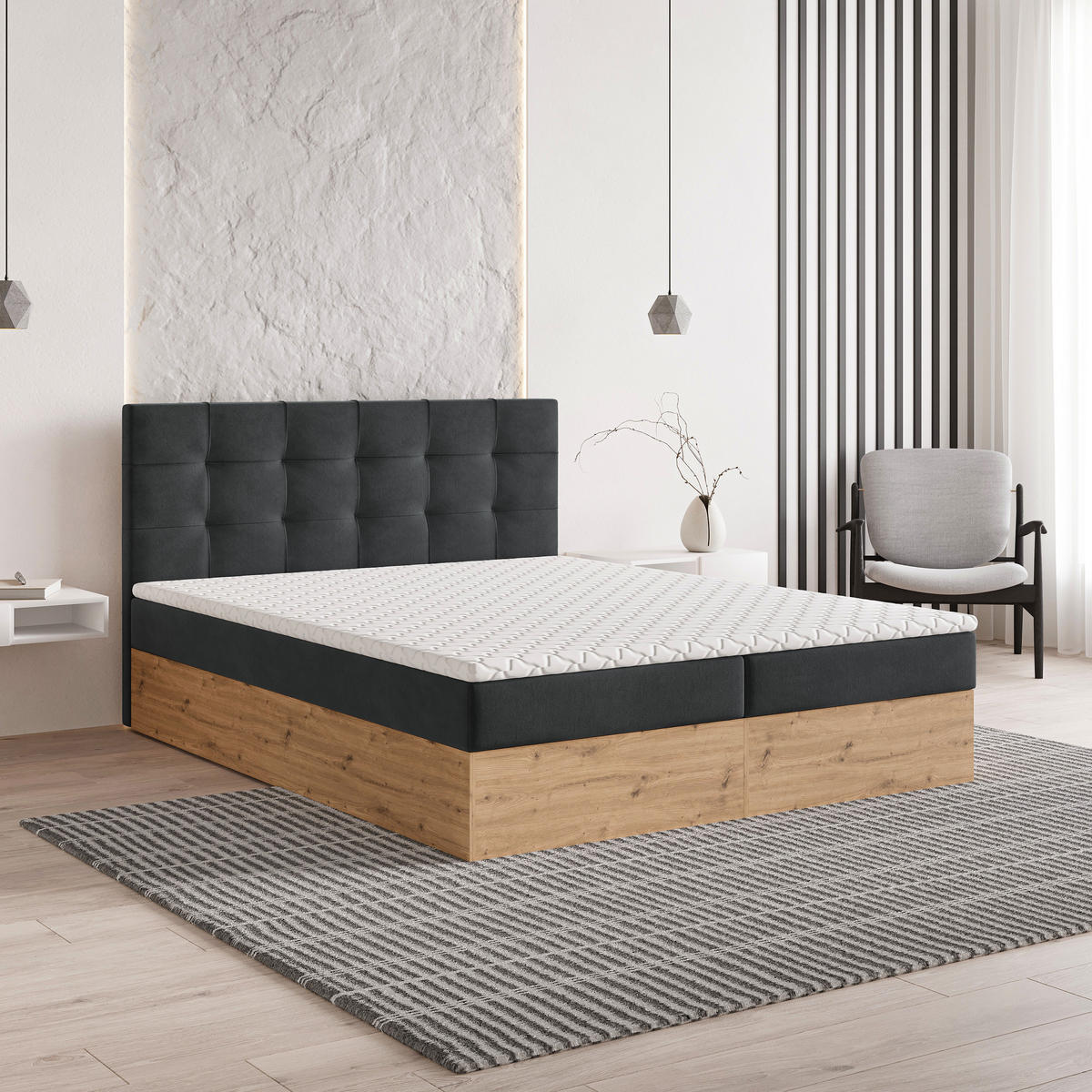 BOXBETT MOLVEN 180x200 cm mit Matratze und Topper - Graphitfarben - Graphitfarben, Holz (180/200cm) - MASSENO