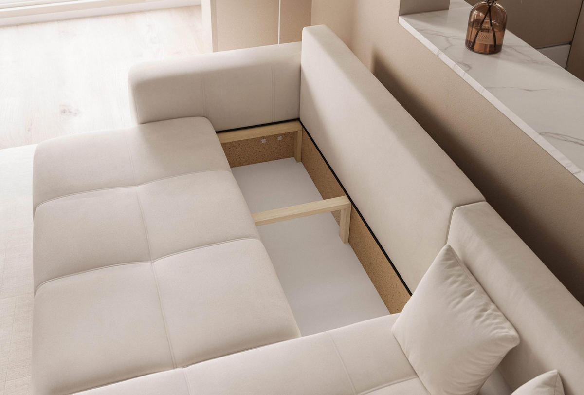 ECKSOFA Creme Velours mit Bettkasten und Schlaffunktion - Creme, Textil (248/145cm) - Idohome
