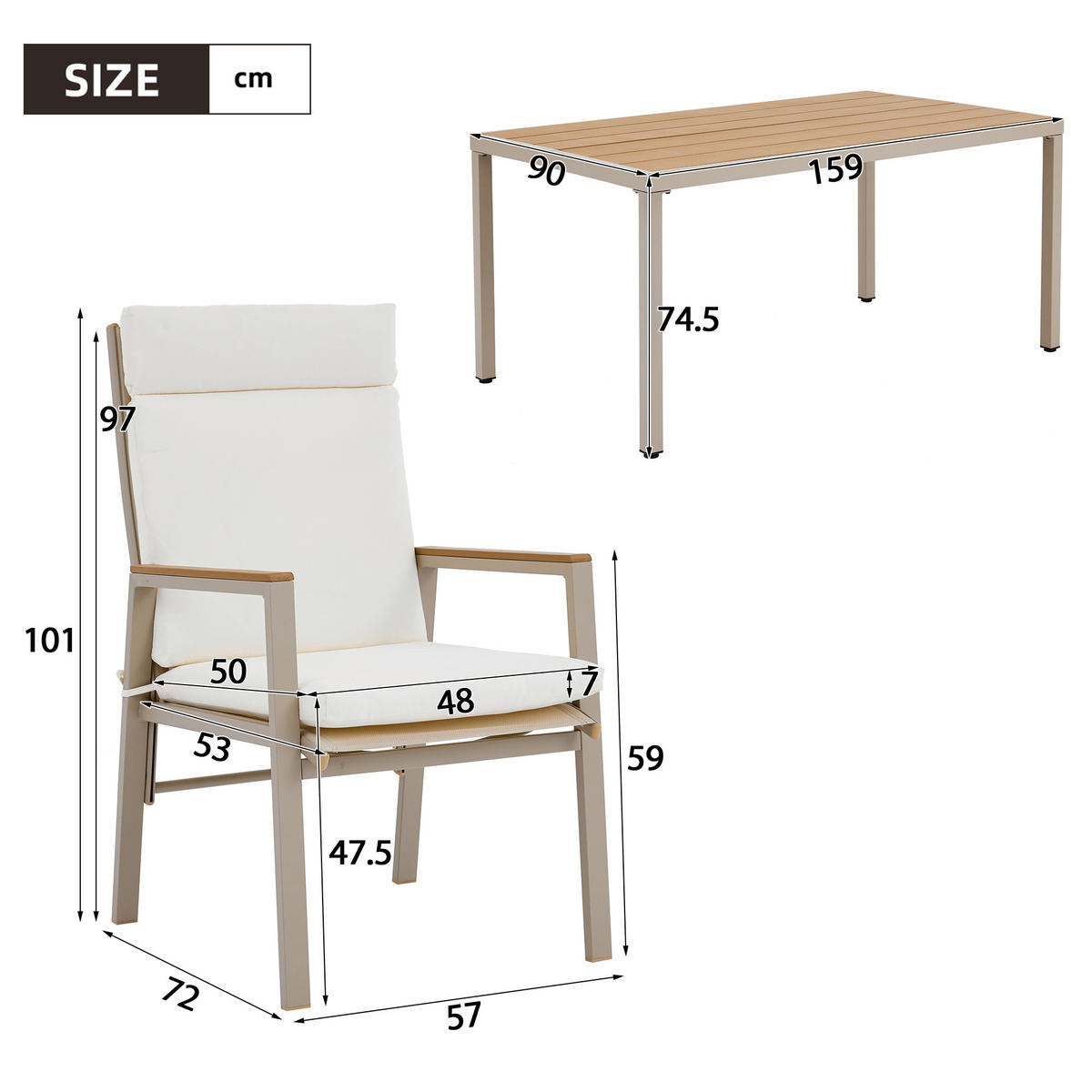 DINING-LOUNGESET für 6 Personen, bestehend aus 1 Tisch und 6 Stühlen - Beige, Textil - Coonoor