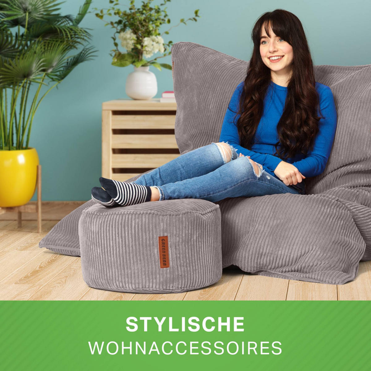SITZSACK XXL "Square" + Pouf aus Cord - Grau, Textil (140/25/180cm) - Green Bean