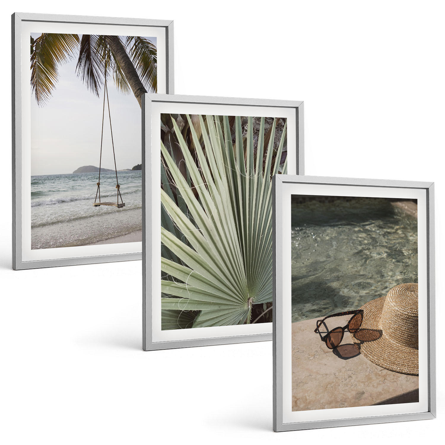 BILDER SET 3er Set - 40x60 cm Silberner Rahmen - Strandschaukel-Blätterurlaub - Silberfarben, Kunststoff (40/60cm) - TULUP