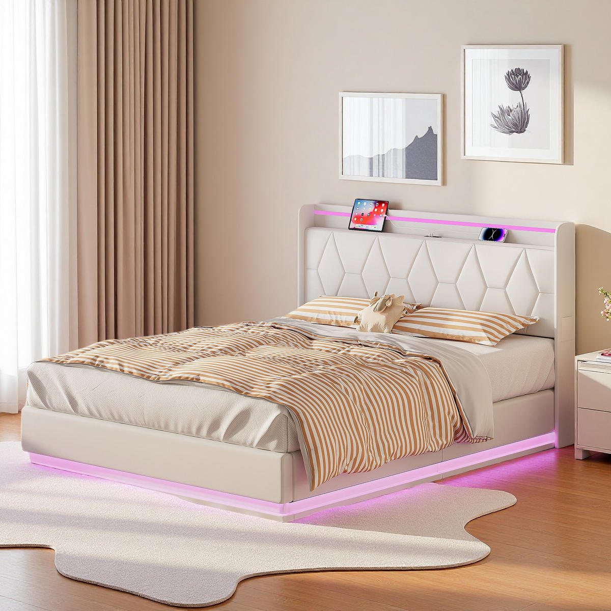 POLSTERBETT 160x200 cm Weiß Samt LED USB Stauraum - Weiß, Metall (160/200cm) - SHOPENTRA