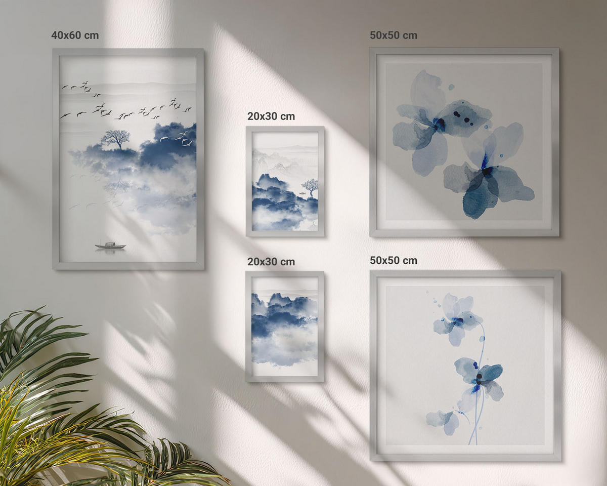 WANDBILDER 5er Set - 50x50 cm & 20x30 cm & 40x60 cm Silberner Rahmen - Berge, Wolken, Bäume, Vögel im Hintergrund - Silberfarben, Kunststoff (40/60cm) - ArtPrintCave