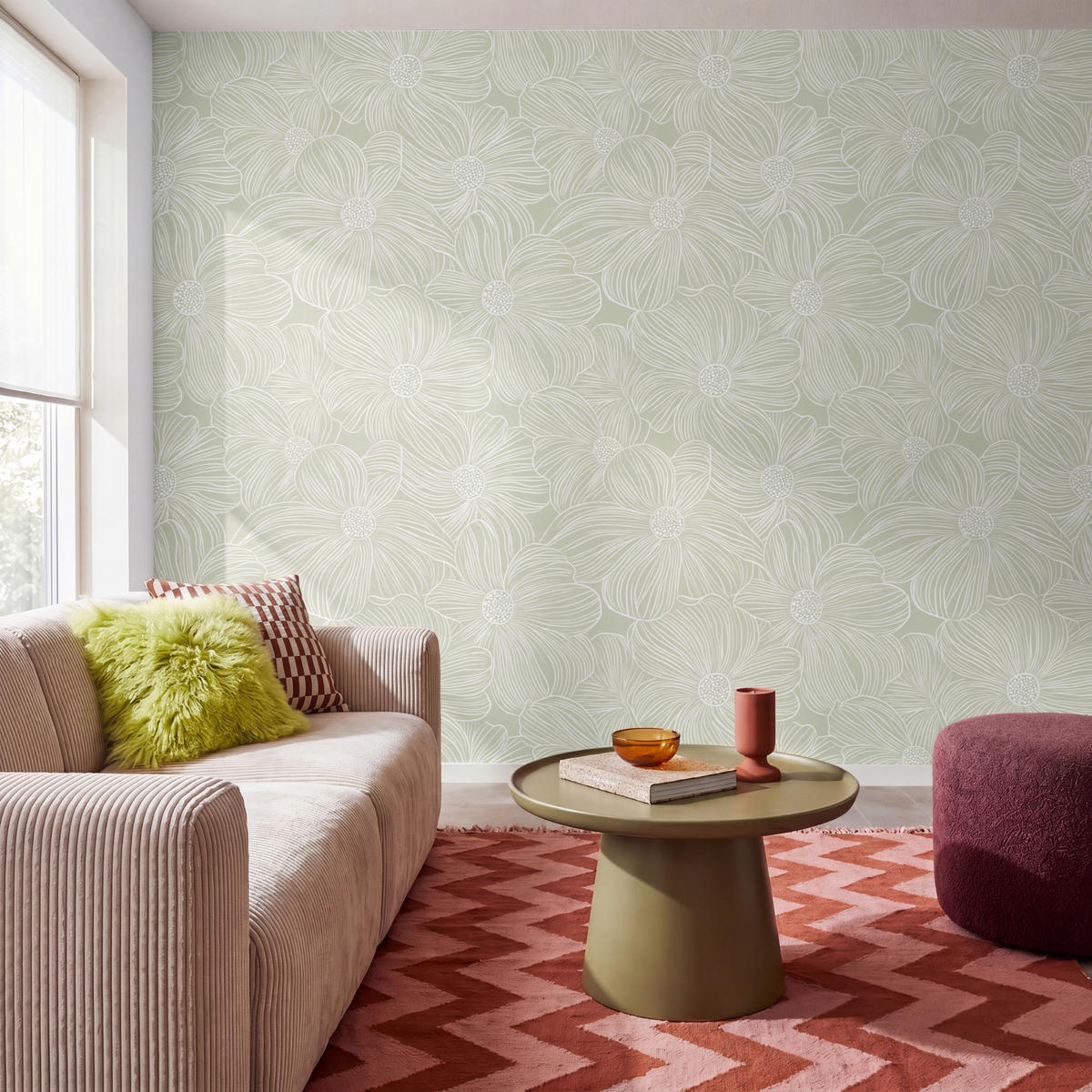 TAPETE - Gelassenheit - Blumen - Grün - 280x220 cm - Salbeigrün, Papier (280/220cm) - OnlyWow