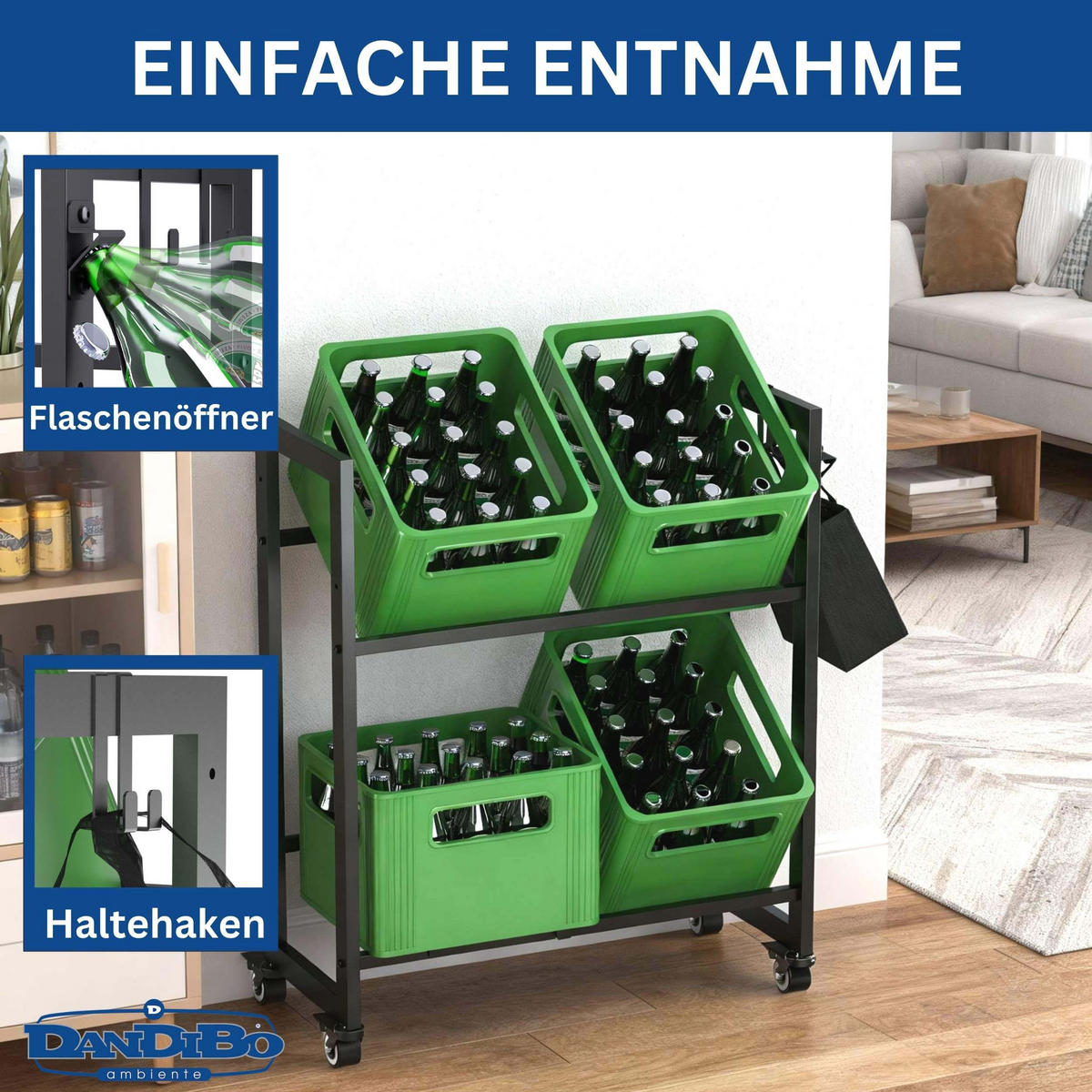 GETRÄNKEKISTENREGAL 4 Kisten mit Gitter Haken Rollen Metall Schwarz 96650 - Schwarz, Metall (72/89/32cm) - DanDiBo