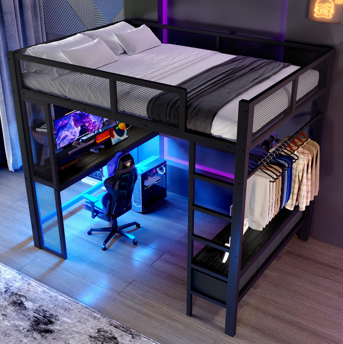HOCHBETT 140/200 cm aus Metall mit LED-Beleuchtung, USB-Anschluss, Schreibtisch und 3 Schubladen, Schwarz - Schwarz, Holzwerkstoff (140/200cm) - Redom