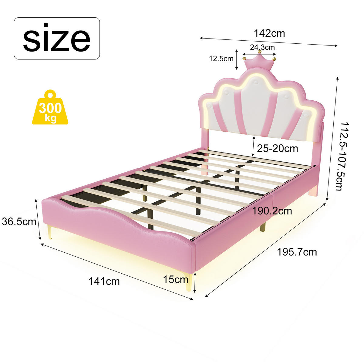 KINDERBETT 90/190 cm Rosa,LED-Kinderbett mit Verstellbarem Kopfteil,PU-Polsterbett - Rosa, Holz/Textil (90/190cm) - PARAFTA HOME