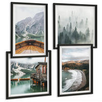 BILDER SET 4er Set - 50x50 cm & 40x60 cm Schwarzer Rahmen - Berge, See, Boot, Nebel, Strand - Schwarz, Kunststoff (50/50cm) - TULUP