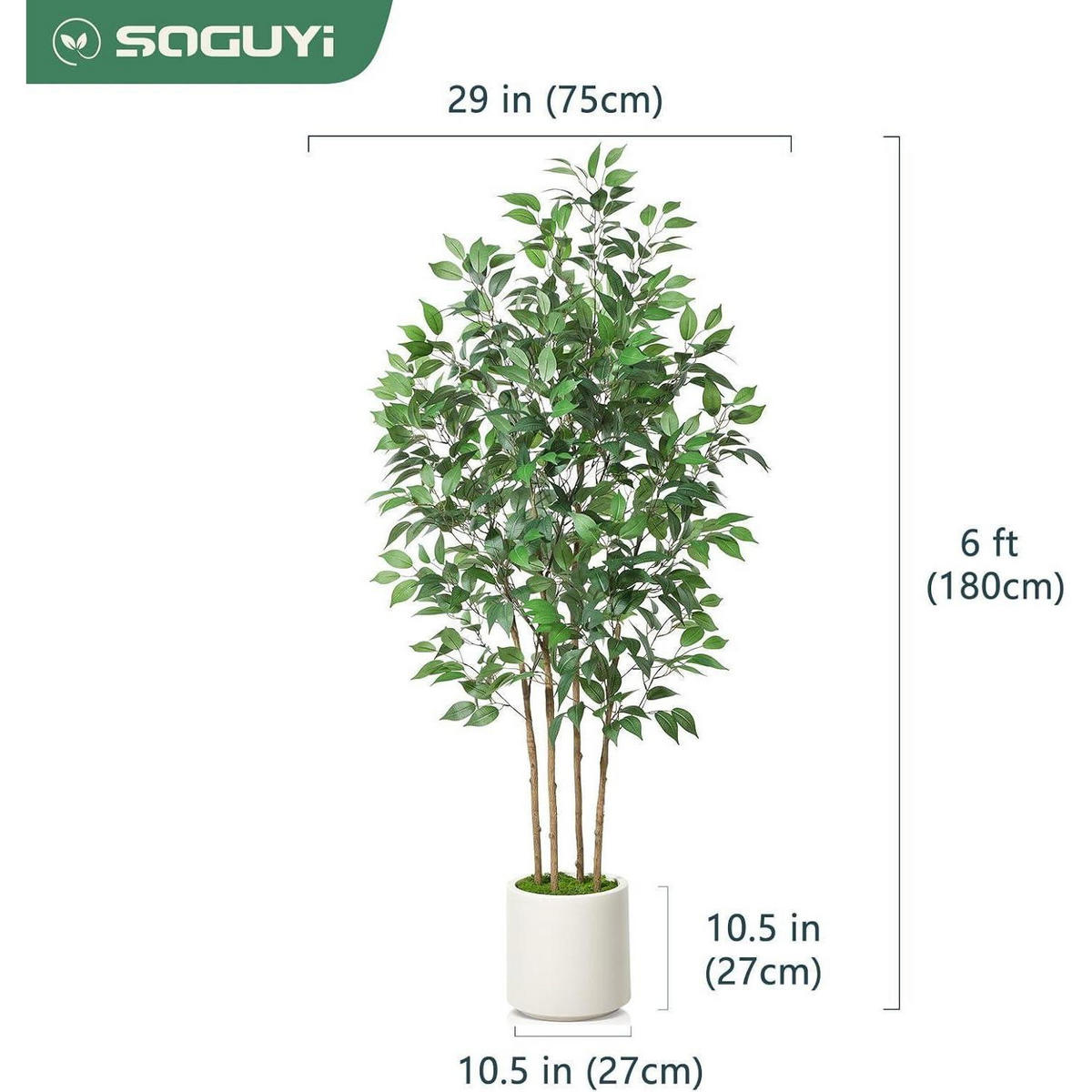 KÜNSTLICHE Pflanze Ficus 180 cm im weißen Topf - Grün, Kunststoff (182.9cm)
