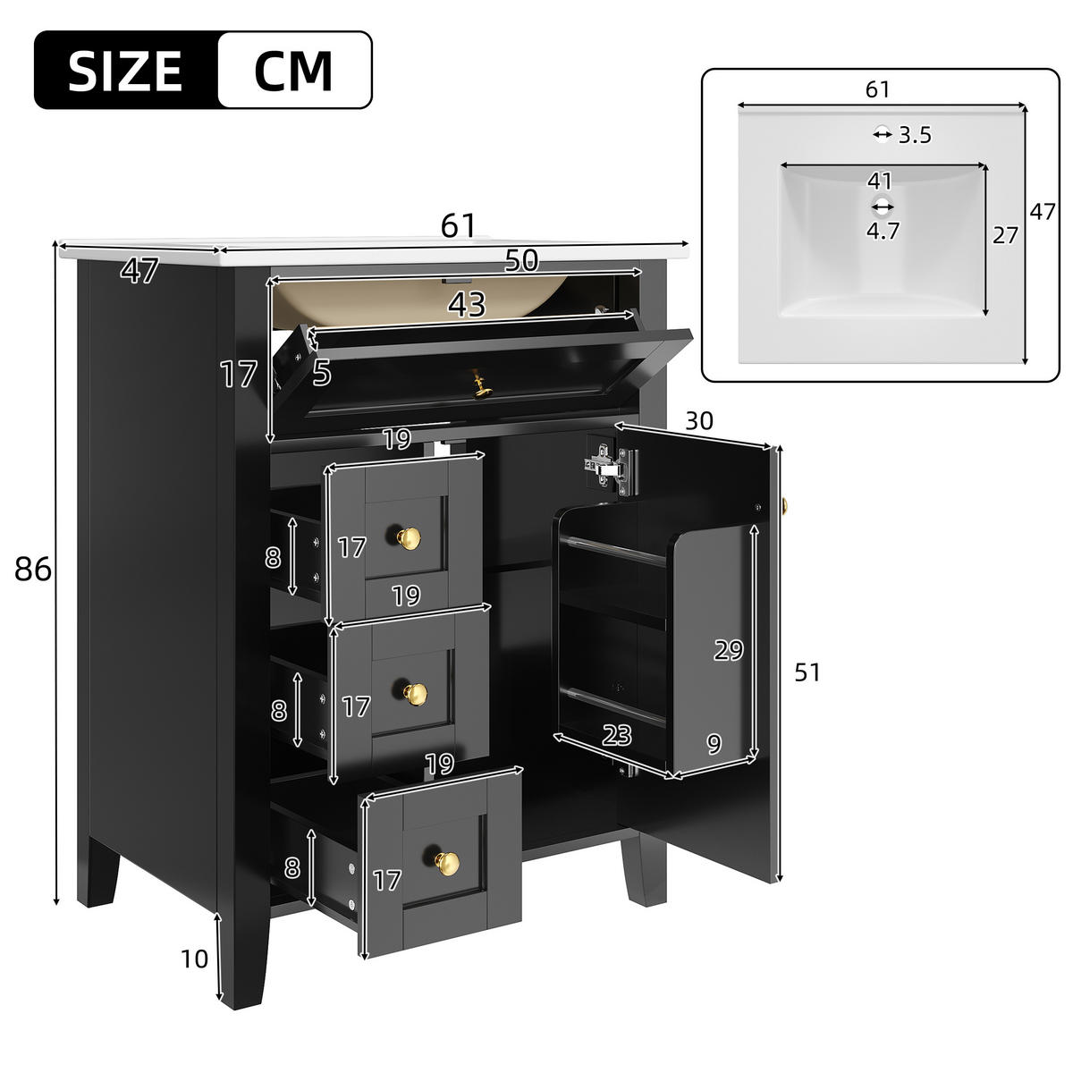 BADEZIMMERSCHRANK Schwarz Hochglanz 4 Schubladen Tür 61cm - Schwarz, Keramik (61/86/47cm) - FLIEKS