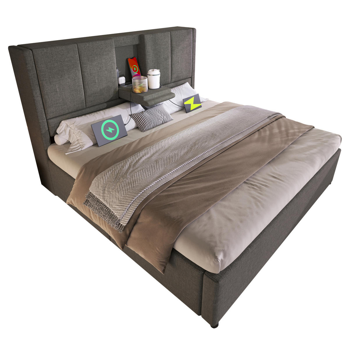 POLSTERBETT aus Leinen 140x200 cm Grau mit Bettkasten, USB-Ladestation und Becherhaltern - Grau, Textil (140/200cm) - IVMEU