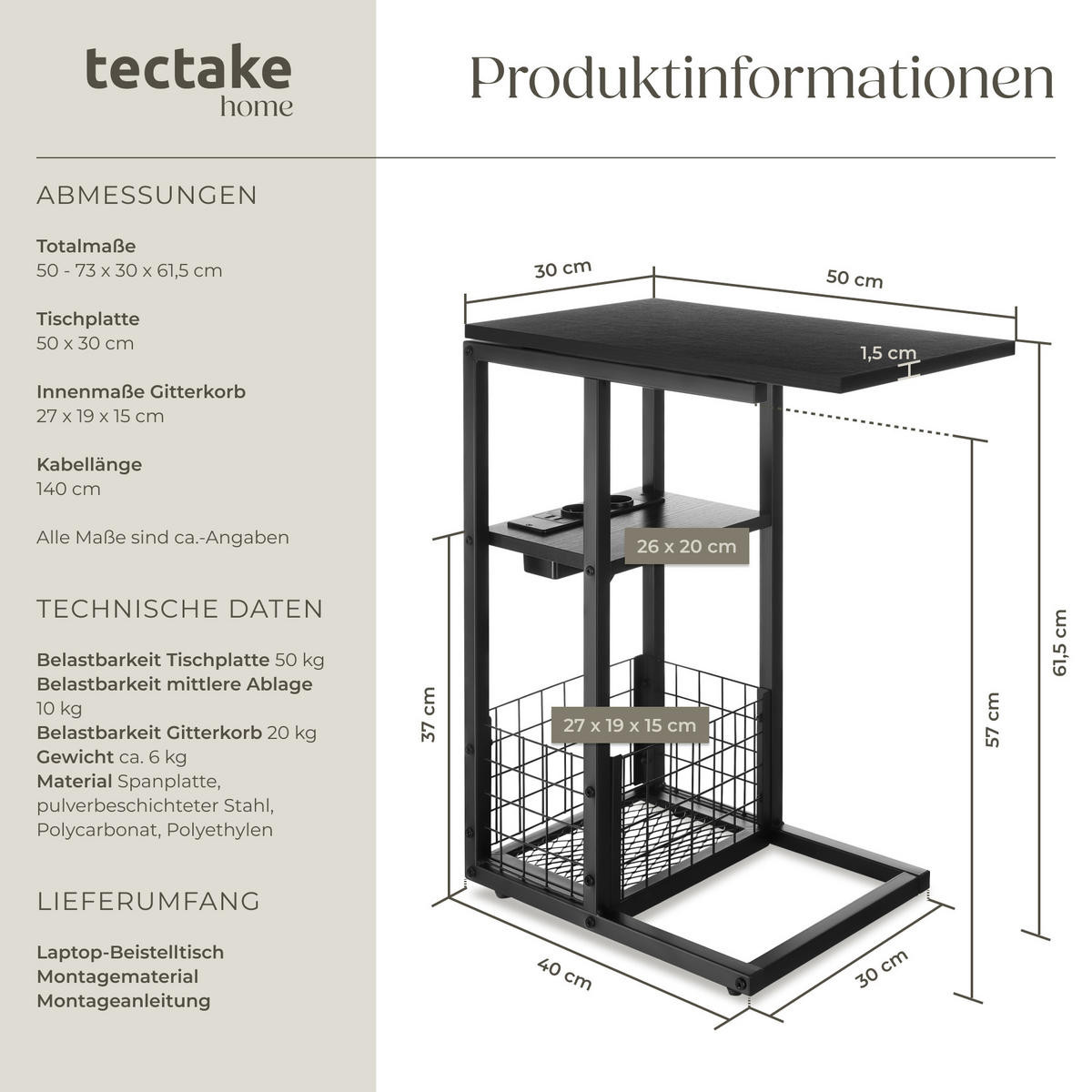 LAPTOP-BEISTELLTISCH Rhea,50 - 73 x 30 x 61,5 cm,schwarz - Schwarz, Metall (73/30/62.5cm) - tectake