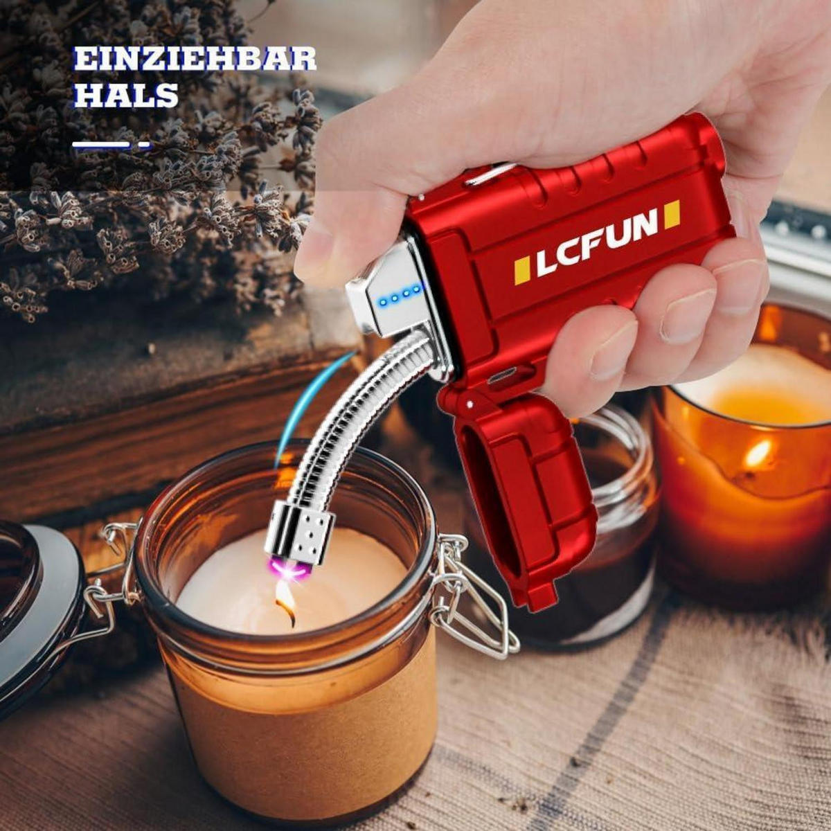 FEUERZEUG mit flexiblem Hals und LED-Taschenlampe Rot - Rot, Metall (4.5/1.8/8cm)