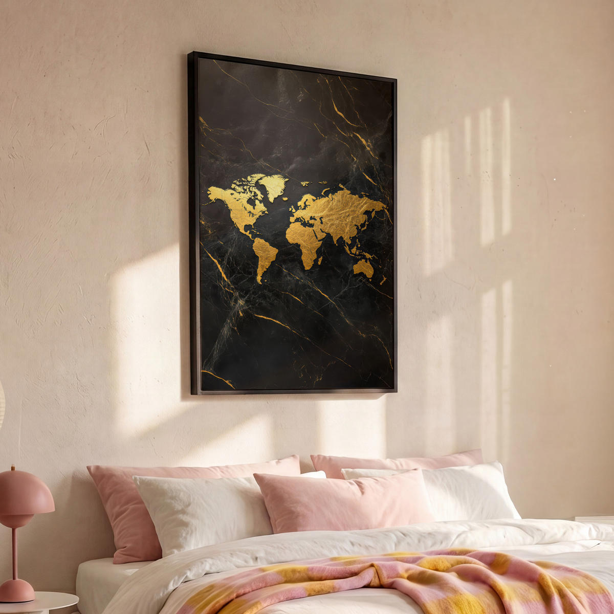 LEINWAND Bilder mit Rahmen - Weltkarte - Gold - Marmor - 90x140 - Goldfarben, Textil (90/140cm) - MuchoWow
