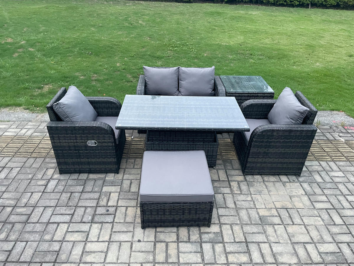 GARTENTISCHGRUPPE Polyrattan 5-Sitzer - Dunkelgrau/Grau, Glas/Kunststoff - Fimous