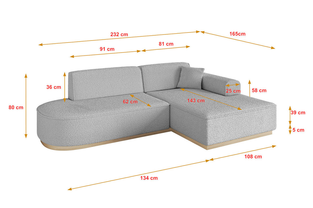 ECKSOFA Ottomane Rechts IREA-L1 - 232x165x80 cm Hellgrau - Hellgrau, Holzwerkstoff/Textil (232/165cm) - ALTDECOR