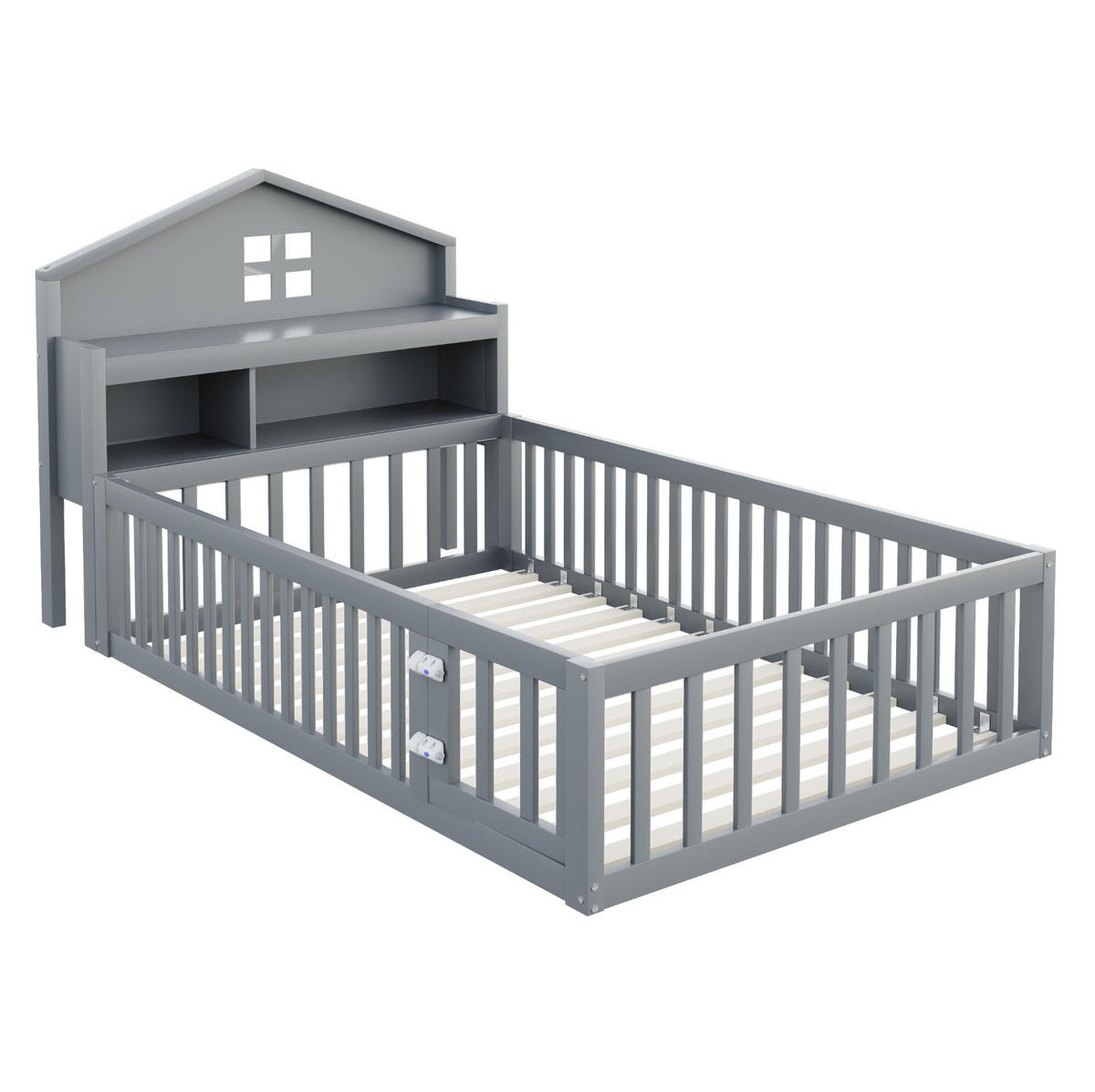 BODENBETT 90/200 cm Grau in Hausform mit Stauraum, Kreidetafel - Grau, Holz (90/200cm) - MIVRAY