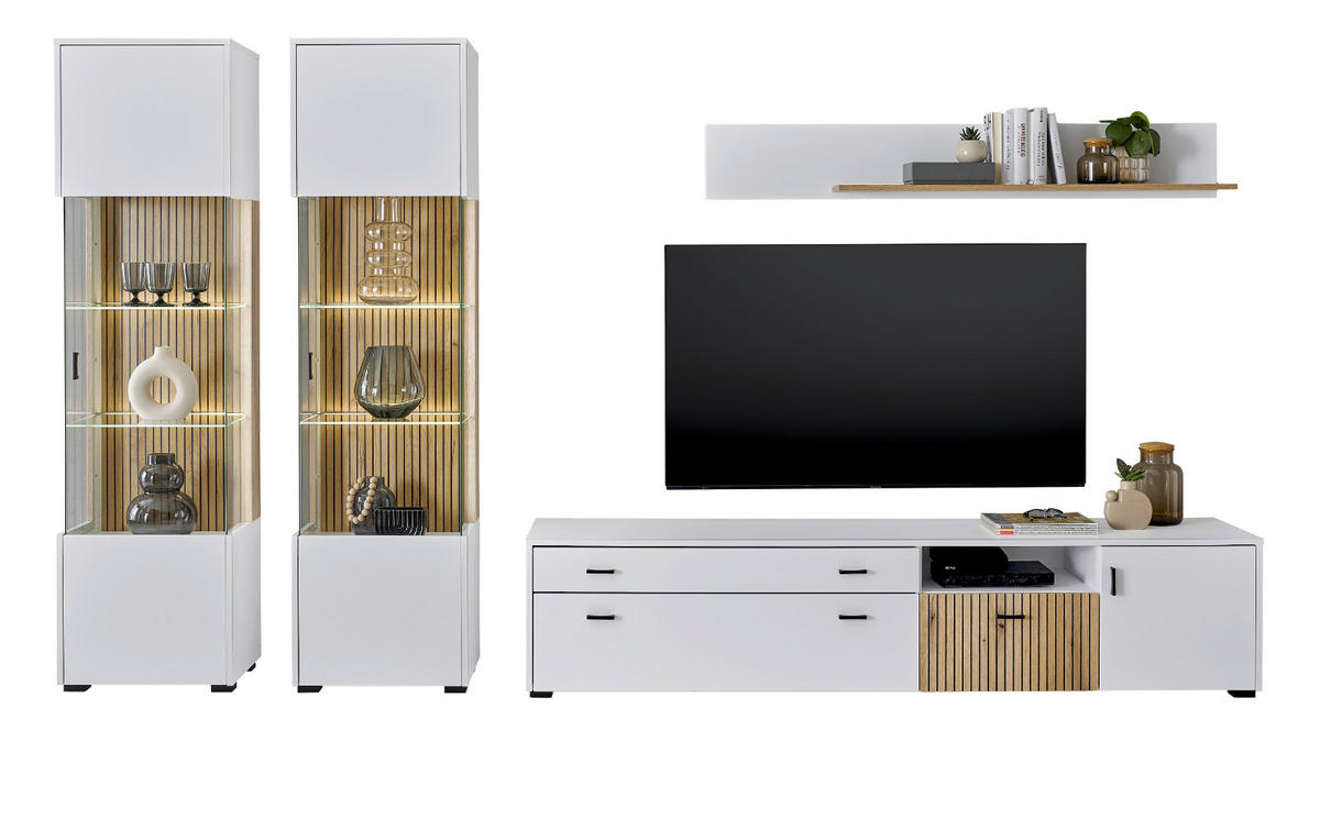 WOHNWAND 4-teilig matt weiß, Eiche 316 x 180 cm, Wohnkombination mit 2 x Vitrine und Soft-Close - Eichefarben/Schwarz, Glas/Holzwerkstoff (316/180/42cm) - Furn.Design