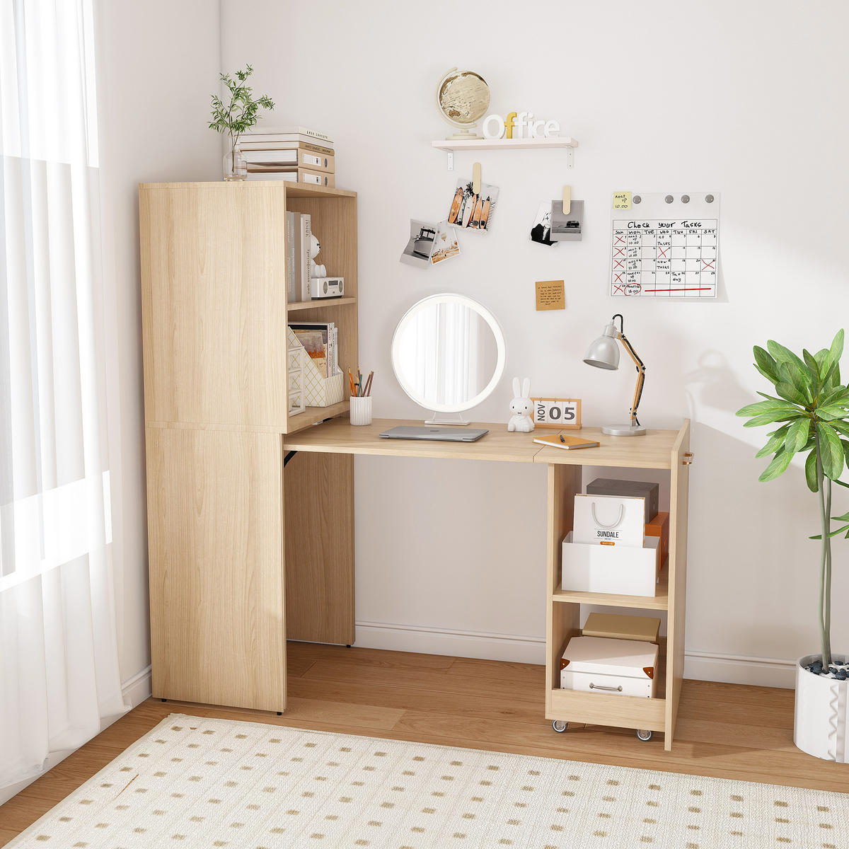 ECKSCHREIBTISCH DE-37446 ausziehbar mit verstellbaren Ablagen Helle Eiche - Naturfarben, Holzwerkstoff (40/55/136cm) - ComfortXL