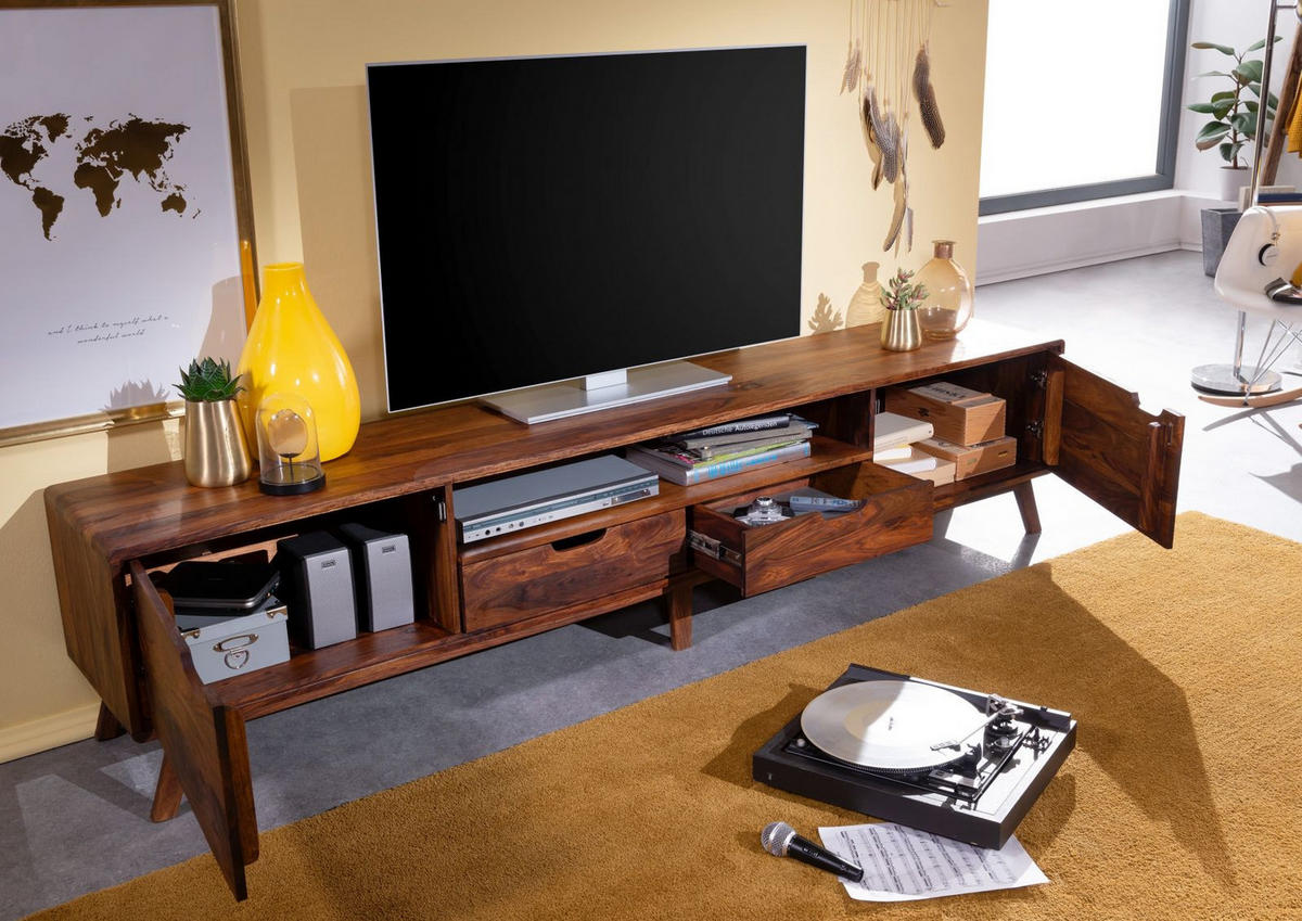 TV-BOARD Sheesham 220x40x48 walnuss gewachst MALMÖ 2 #123 - Dunkelbraun, Holz (40/48/220cm) - Massivmoebel24