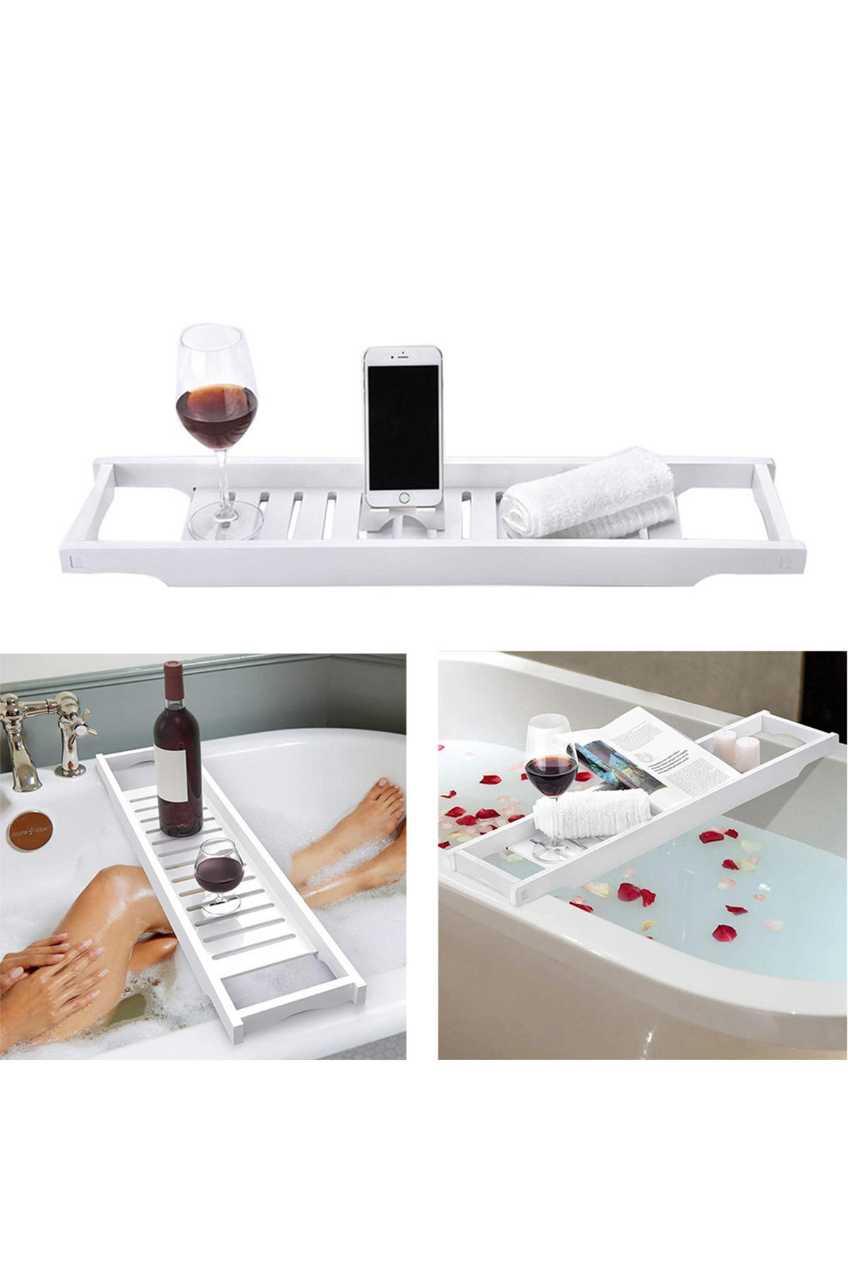 BADEWANNENABLAGE aus Bambus in Weiß Keine Montage erforderlich Ergonomisches Design 70 x 14,6 x 4,5 cm - Weiß, Holz (70/4.6/14.6cm) - Livingandhome